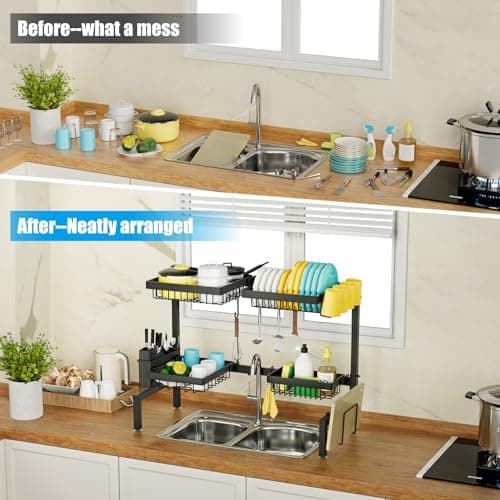 SNSLXH 2-Tier 4-Basket Over Sink Dish Drying Rack, Extensible & Adjustable, Large Kitchen Space Saver