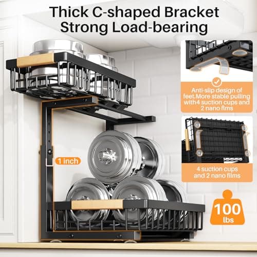 PXRACK Large Under Sink Organizer, Black, 2-Tier Slide Out, Black, 1 Pack