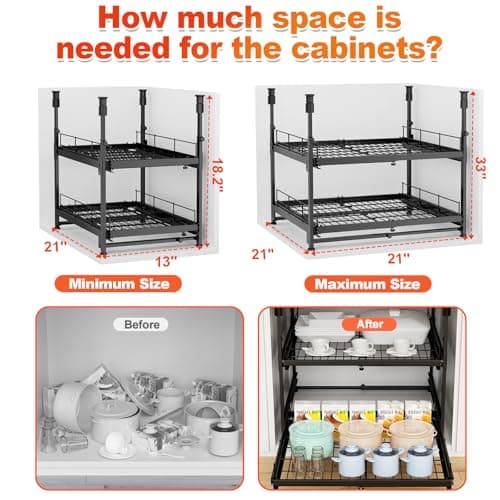 21" Deep No-Drill Kitchen Cabinet Organizer for Pots and Pans, Black Expandable Shelves