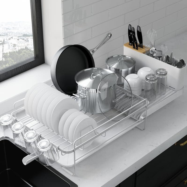 Kitsure Extendable Large Dish Drying Rack with Cutlery and Cup Holders - Anti-Rust Kitchen Organizer