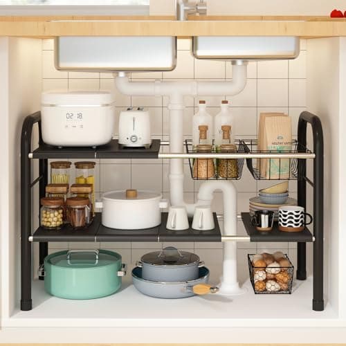 Expandable Under Sink Organizer with 2 Tiers and 2 Removable Baskets