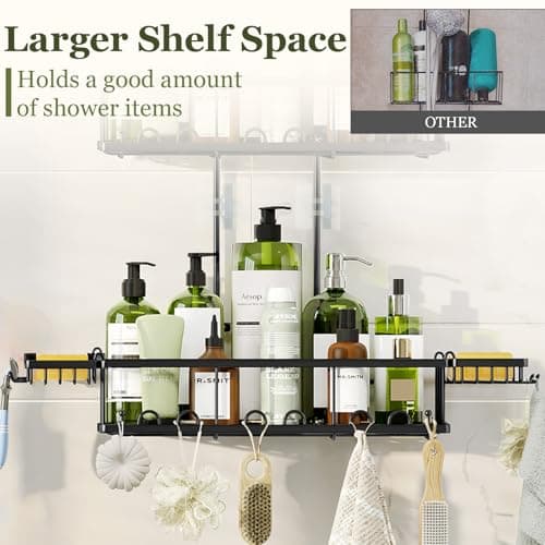 Black Rustproof Over Shower Organizer with Hooks & Soap Holders - Adjustable Height