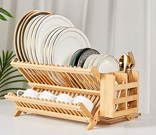 Bamboo Collapsible 3-Tier Dish Drying Rack with Holder