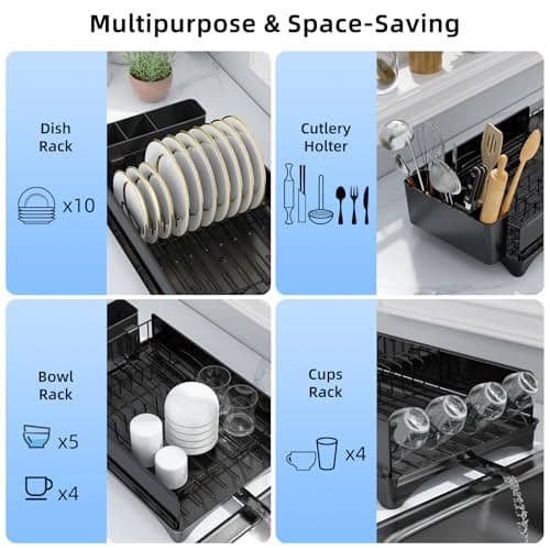 Black Kitchen Counter Dish Drying Rack with Drain & Cutlery Holder