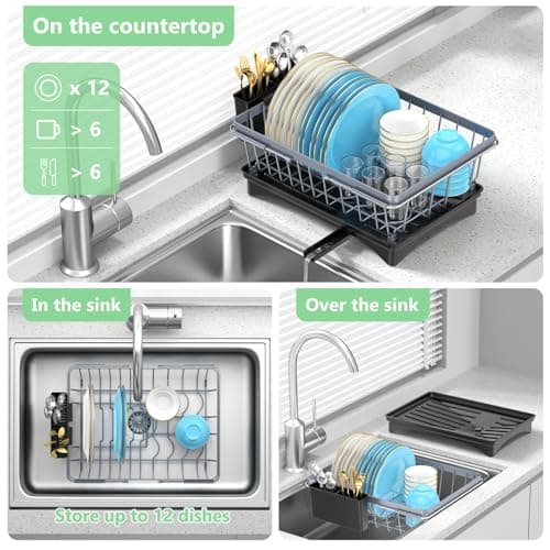 LEMIKKLE Space-Saving Expandable Dish Drying Rack with Cutlery Holder - Grey
