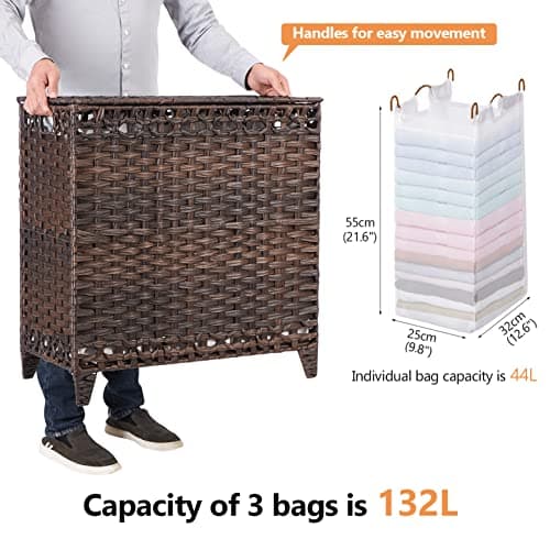 Laundry Basket with 3 Liner Bags; 132L Rattan Basket with Lid & Feet; Sorter with 3 Sections (Brown)