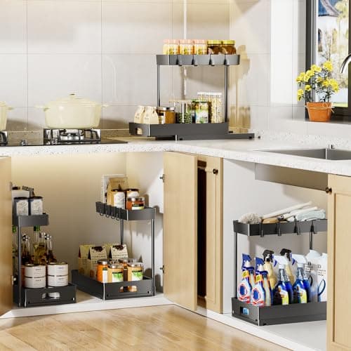 Delamu Under Sink Organizers: 2 Pack L-Shaped Pull-Out Cabinet Storage with Drawer for Bathroom and Kitchen