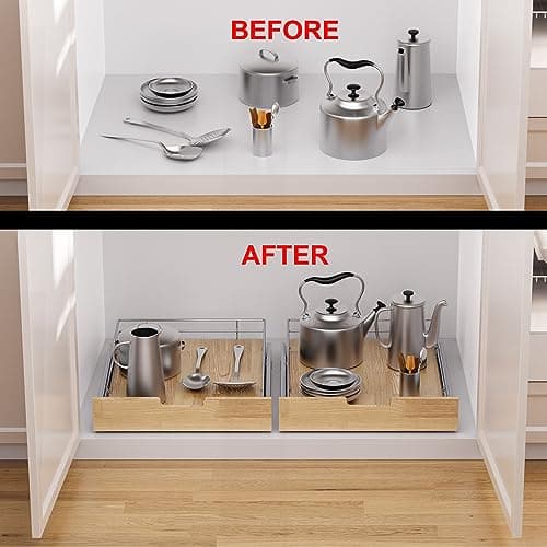Heavy-Duty Wood and Wire Basket Pull Out Cabinet Organizer for Kitchen Pantry bathroom (14x21in)