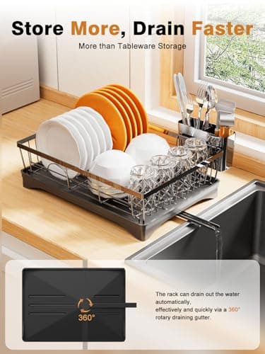 Super Spacious & Compact Kitchen Dish Drying Rack, 360° Rotary Spout, Rustproof Black Organizer