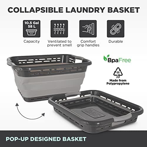 BLACK+DECKER Portable 25" Slim Laundry Basket - Ideal for Small Spaces & Travel, Black