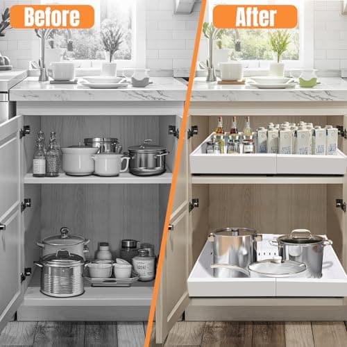 White Expandable Cabinet Organizer, 11.7"-19.7" Pull Out Drawer with 4 Dividers for Kitchen, Pantry, Bathroom