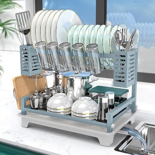 B-Land 2-Tier Kitchen Dish Drying Rack with Drainboard and Utensil Holders