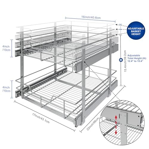 Chrome Plated 2 Tier Pull Out Kitchen Cabinet Organizer, Heavy Duty Drawers, 17" W X 22" D