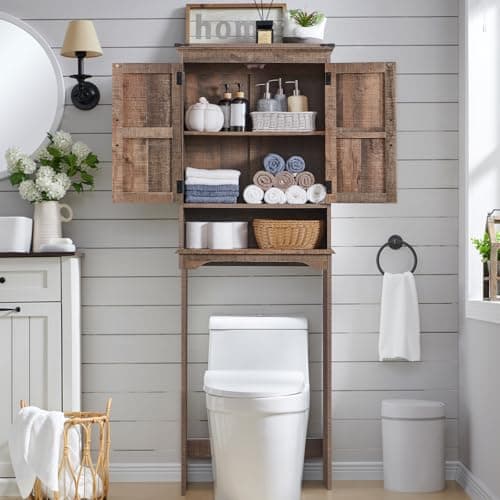 Rustic Brown Over the Toilet Cabinet, 67" Tall, Adjustable Shelf, Barn Door