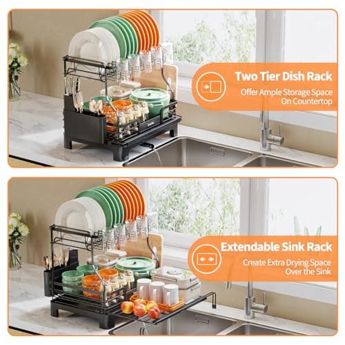 Expandable 2-Tier Dish Rack with Drainboard & Cup Holder for Kitchen Counter, Black