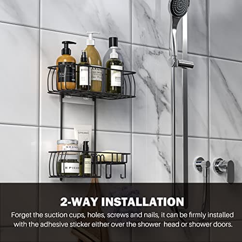 Epicano Anti-Swing Overhead Shower Caddy, Rustproof Hooks, Matte Black
