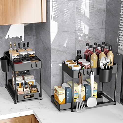 2-Pack Heavy-Duty Under Sink Organizers with Sliding Drawers for Kitchen and Bathroom - Black (12 x 8.7 x 15.7 inches)