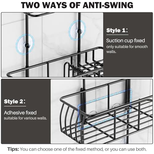 Epicano Anti-Swing Overhead Shower Caddy, Rustproof Hooks, Matte Black