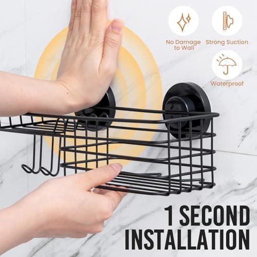 Leverloc No-Drilling Rustproof Black Bathroom Shower Caddy & Hooks, 2 Pack