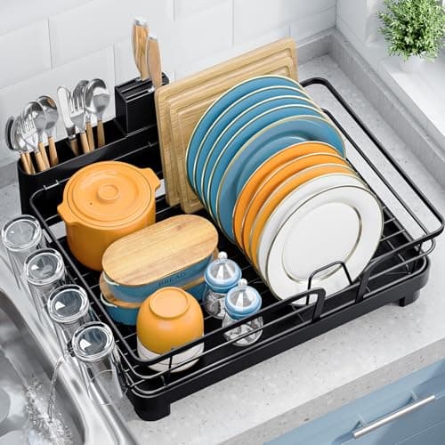 Black Multifunctional Kitchen Dish Drying Rack with Drain Board