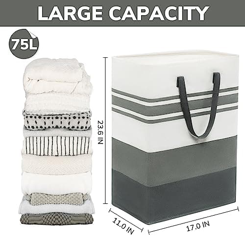 Goodpick 3-Pack 75L Collapsible Laundry Baskets, Large Grey Hampers for Dorm and Home