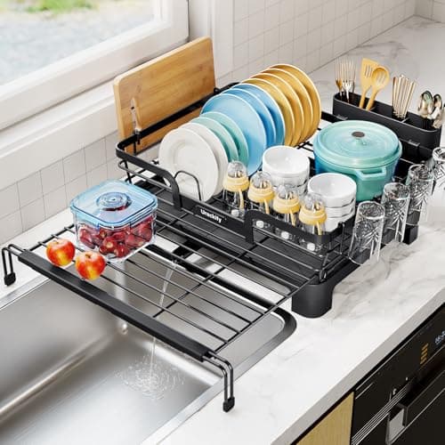 Extendable Kitchen Dish Drying Rack, Black, 2-in-1 Expandable Over Sink Strainer & Drainer