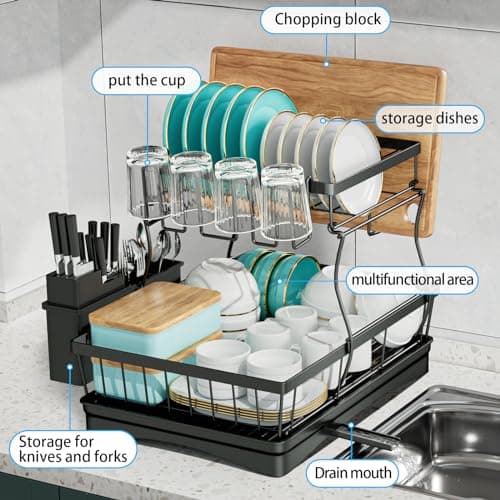 Large Dish Drying Rack for Kitchen Counter with Utensil Holder, 2-Tier Organizer in Black