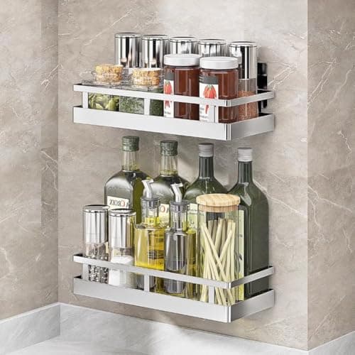 SUS304 Stainless Steel Wall Mount Spice Rack -Kitchen Seasoning Organizer (Silver)