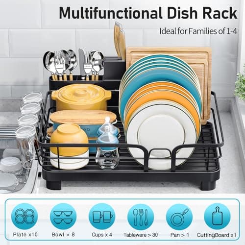 Black Multifunctional Kitchen Dish Drying Rack with Drain Board