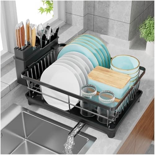 Large Dish Drying Rack for Kitchen Counter with Utensil Holder, 2-Tier Organizer in Black