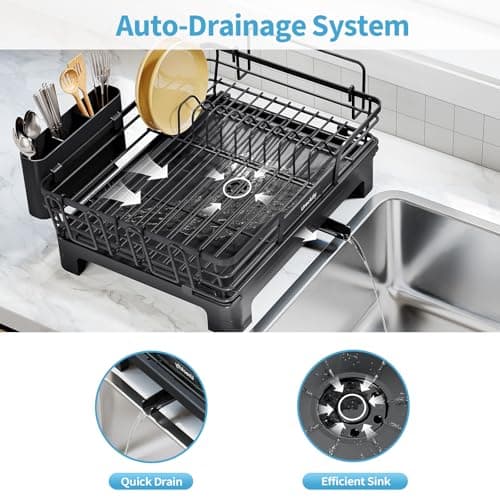 Extendable Kitchen Dish Drying Rack, Black, 2-in-1 Expandable Over Sink Strainer & Drainer