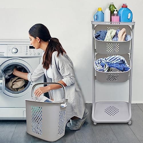 Multi-Functional Laundry Basket with Wheels and 3 Layers for Storage