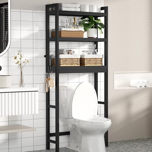 Smiry 3-Tier Bamboo Over Toilet Organizer, Space-Saving Hook Storage, Black
