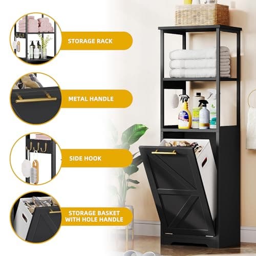 Black 53" Tall DWVO Tilt Out Laundry Hamper with Storage Shelves for Bathroom, Bedroom, and Laundry Room