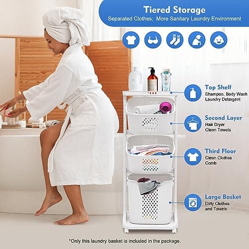 3-Tier White/Natural Water Hyacinth Laundry Basket - Storage Organizer with Wheels
