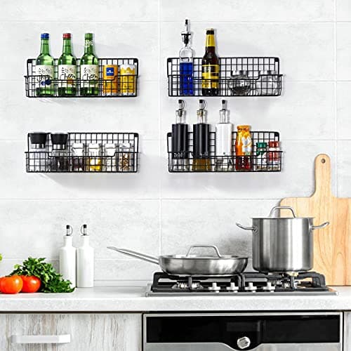 Wall-Mounted Spice Rack Set of 4 - Space-Saving Organizer for Kitchen Cabinets and Pantry Doors, Black