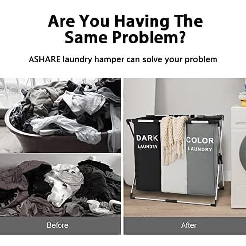 3 Section Foldable Aluminum Laundry Hamper with Mesh Cover (White+Grey+Black)