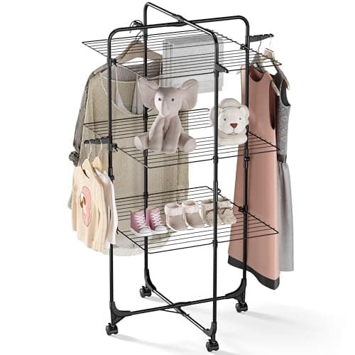 APEXCHASER 3-Tier Collapsible Laundry Rack with Wheels & Hooks, White