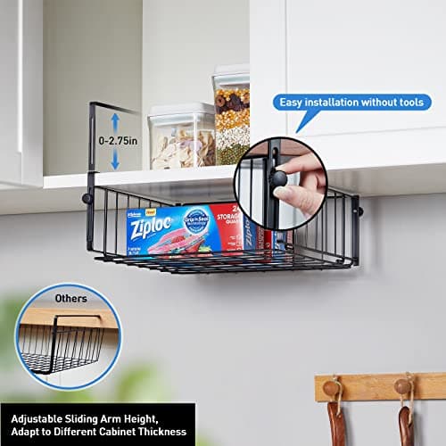 2-Pack Adjustable Under Shelf Storage Baskets for Kitchen, Laundry, and Office Organization - Black