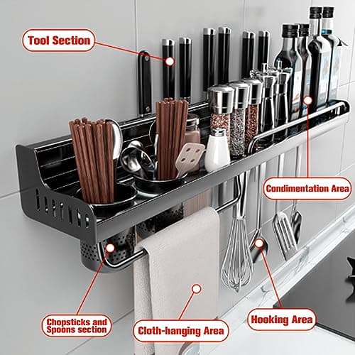 Space-Saving Hanging Spice & Pot Rack with Hooks, Kitchen Utensil Organizer