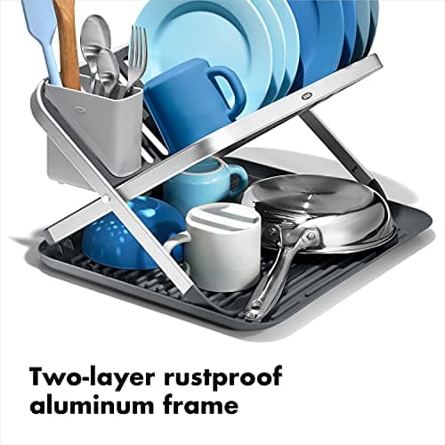 OXO Good Grips 2-Tier Aluminum Foldable Dish Drying Rack with Drainboard