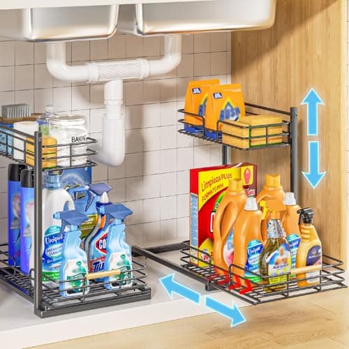 Delamu Height Adjustable Under Sink Organizer, 2 Pack Storage Shelf for Kitchen & Bathroom