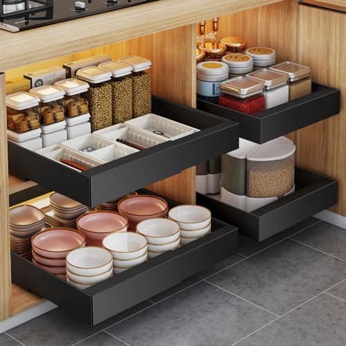 Expandable Pull Out Cabinet Organizer with Adhesive Shelves