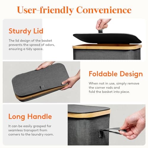 Slim 50L Laundry Hamper with Lid and Bamboo Handles