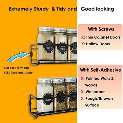 Wall-Mounted 4-Piece Spice Rack Organizer for Jars and Seasonings, Screw or Adhesive Installation for Kitchen Cabinet or Pantry Door