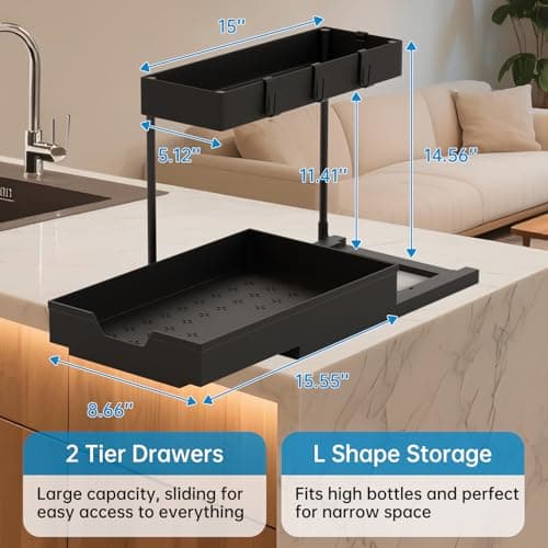 NATURE'S SOURCE 2-Tier Under Sink Organizers, Black 2-Pack