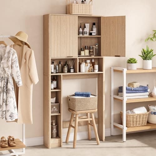 Over Toilet Storage Cabinet with Adjustable Shelf, Oak Wave Pattern Doors, 31" Wide
