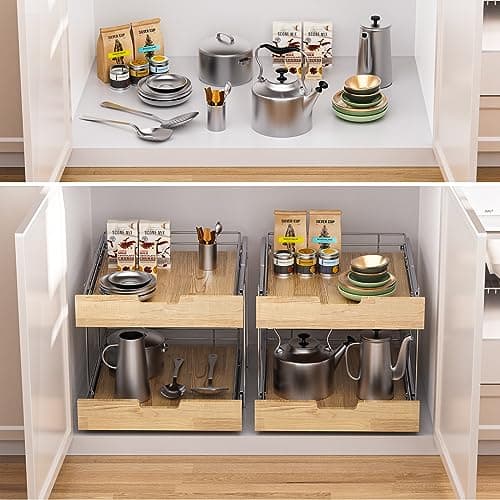 Heavy-Duty Pull-Out Cabinet Organizer for Kitchen and Pantry, 20" x 21" Wood & Wirebasket