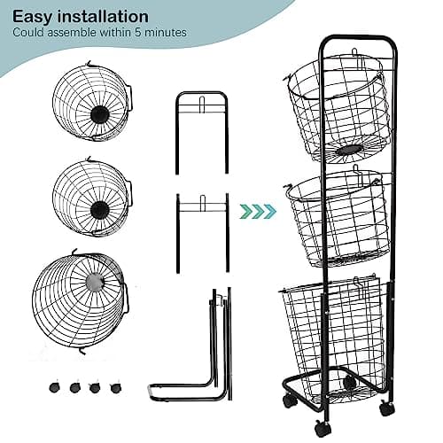 3-Tier UYOYOUS Laundry Basket on Wheels - Large Clothing Storage