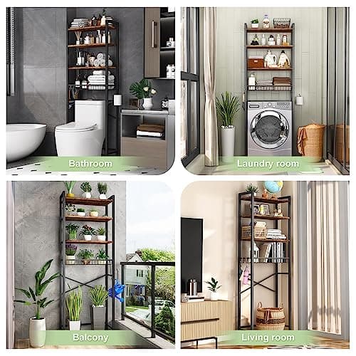 Over-The-Toilet 4-Tier Bathroom Organizer Shelf with Adjustable Basket - Vintage Brown